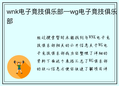 wnk电子竞技俱乐部—wg电子竞技俱乐部