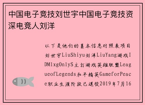 中国电子竞技刘世宇中国电子竞技资深电竞人刘洋